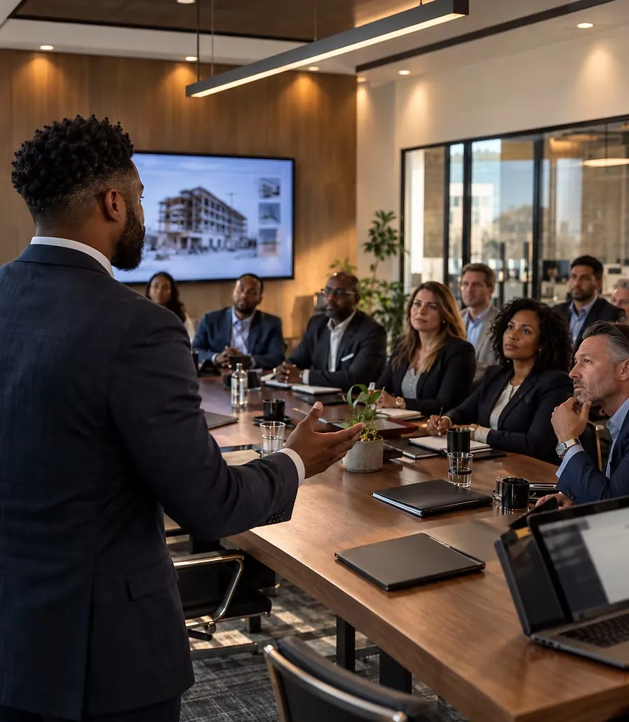 André Davis, communication strategist, gesturing mid-conversation during a strategy session